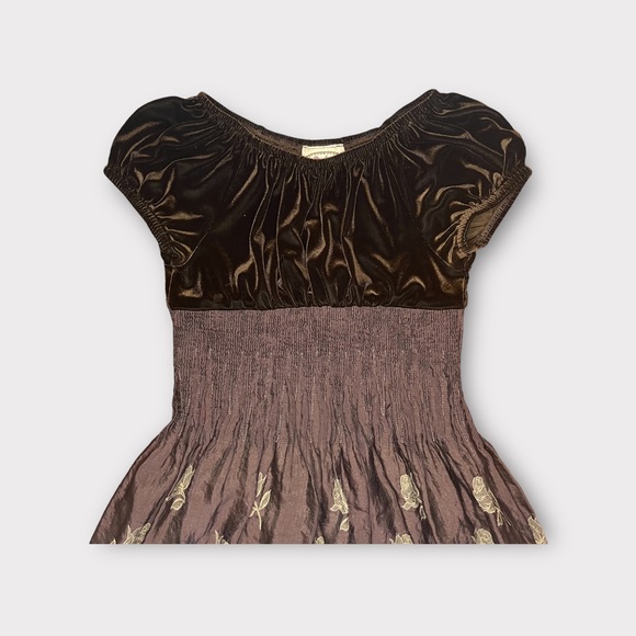 Pink Vanilla Vintage Velour Bodice Brown Floral Bottom Smocked Dress - Picture 2 of 7